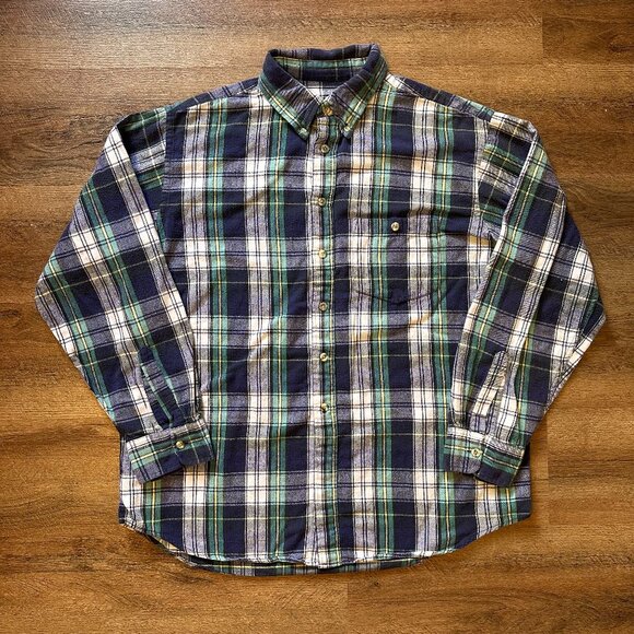 Cabela's Casual Button Down Mens Large - XL Green Plaid Rugged Flannel Shirt - Picture 1 of 5